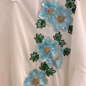 Poncho top. Gorgeous Georgette white with blue sequins. NWOT